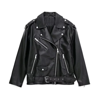 YENKYE Новая модная Женская Черная Свободная куртка из искусственной кожи в винтажном стиле с пряжкой на ремне, женское осенне-зимнее пальто