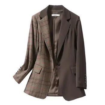 Hikigawa 2023 Весенняя Винтажная женская куртка, повседневные шикарные модные топы контрастного цвета, женские Roupas Femininas в клетку с длинным рукавом