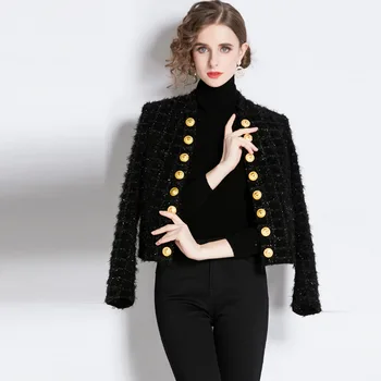 Осень-зима 2023, новая короткая куртка в европейском стиле для женщин, модный золотой двубортный топ на пуговицах