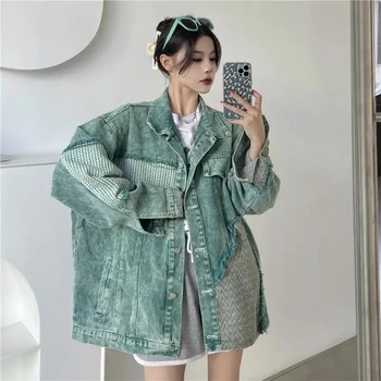 Корейская версия мешковатой зеленой джинсовой куртки в стиле пэчворк, скрывающей студенческую куртку для похудения Meat Giant