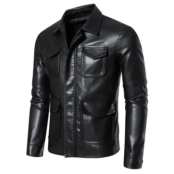 Осенняя мужская мотоциклетная кожаная куртка, модная и красивая короткая кожаная куртка с отворотом в стиле панк