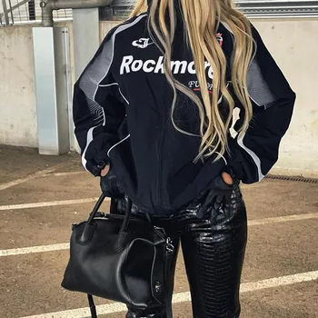 Y2k Мото- и байкерские гоночные куртки, женские пальто на молнии с буквенным принтом, уличная винтажная летная куртка в стиле панк, верхняя одежда в стиле ретро-карго