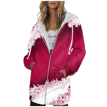 Женская осенне-зимняя куртка с капюшоном с градиентным принтом, толстовка средней длины на молнии с длинными рукавами, мягкая повседневная куртка Chaquetas