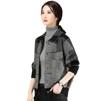 Решетчатое Темпераментное Шерстяное Пальто Для Женщин 2023 Весенне-Осенний Период, Новая Толстая Теплая Свободная Короткая Модная Шерстяная Женская Куртка