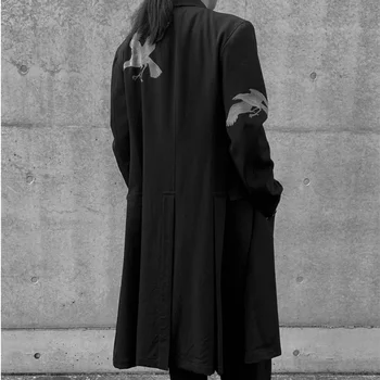 Мужское Длинное шерстяное пальто Yohji Yamamoto 23AW С Двойной вышивкой Ворона на спине, Модный дизайн, Новинка в Пальто и куртках