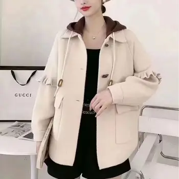 2023 осенне-зимний новый женский имитационный двусторонний шерстяной модный топ, вязаный кардиган с капюшоном, пальто свободного кроя