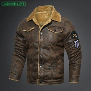 Мужское меховое пальто из искусственной кожи, замша Ягненка, теплая плюс флисовая мужская куртка-бомбер, модные военно-тактические толстые уличные куртки, мода