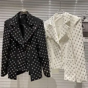 Роскошный бренд 2023, Новое пальто с крупными частицами страз и бриллиантами, Черно-белая короткая куртка и пиджаки