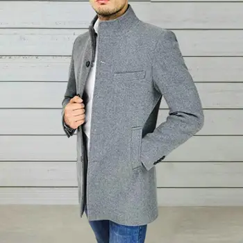 Ветрозащитное пальто Классическое шерстяное пальто Стильные мужские зимние тренчи приталенного кроя средней длины, плотные, с карманами на воротнике-стойке
